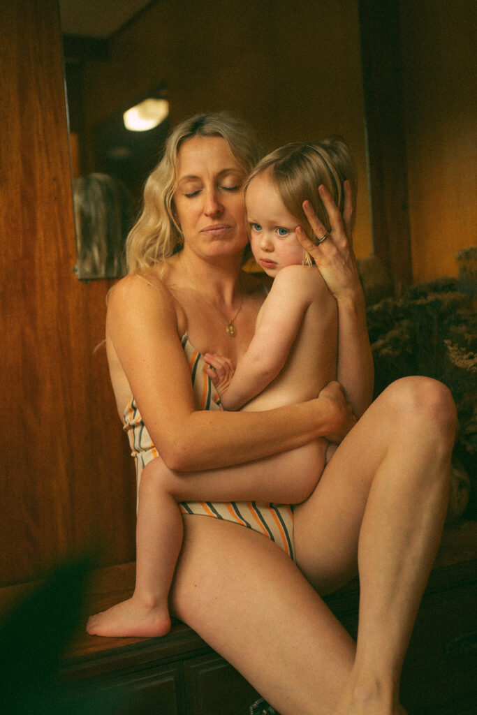 Emma and her son Cash on a vintage-style houseboat.
