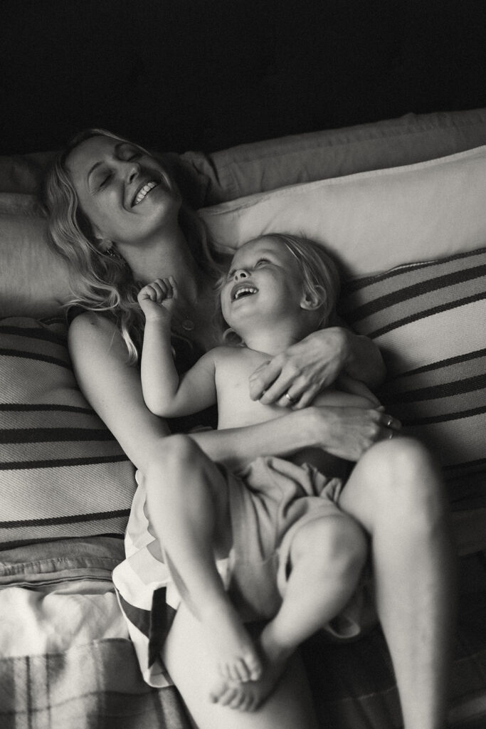 Emma and her son Cash on a vintage-style houseboat.